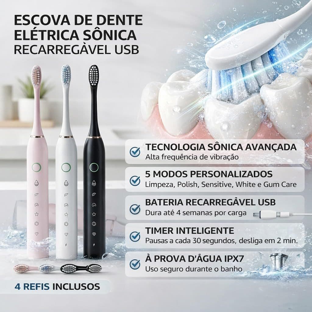 Escova Elétrica Sônica Recarregável USB IPX7 X3 - 6 Modos de Limpeza + 4 Refis