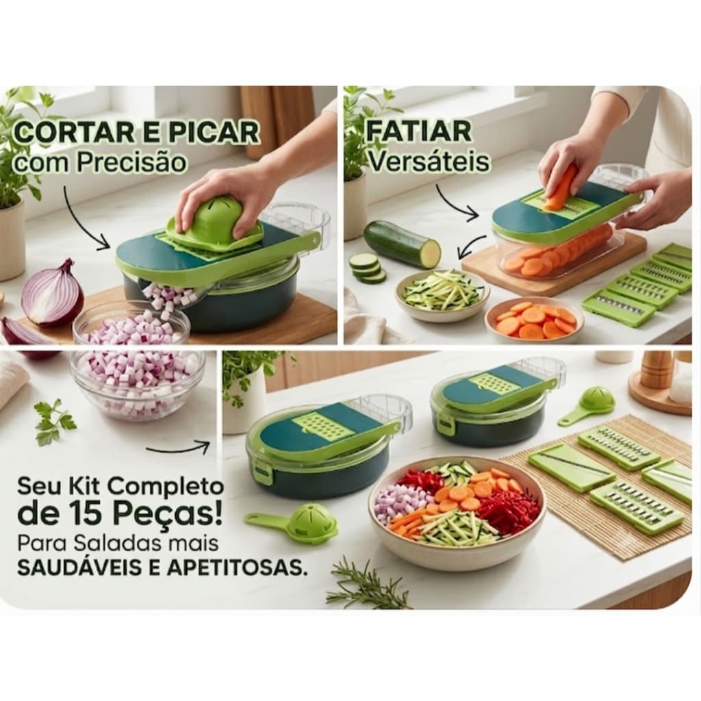 Ralador Cortador de Legumes 15 Peças Multifuncional com Coletor - Cozinha