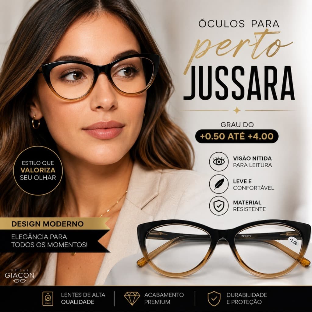 Óculos Jussara Para Leitura Gatinho Perto Sofisticado Elegante +0.50 Até +4.00