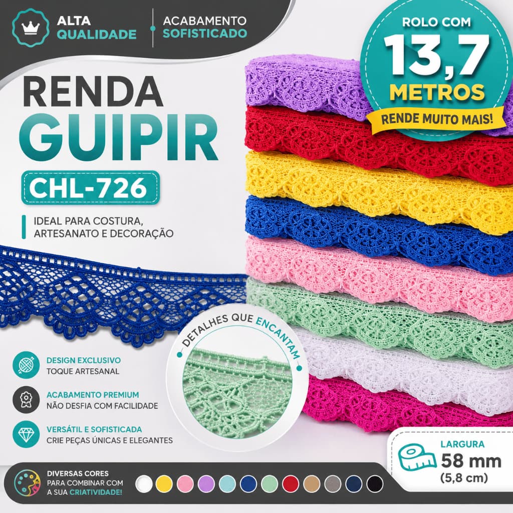 Renda Guipir 58mm Rolo com 13,7 Metros Acabamento Decorativo para Costura e Artesanato | CHL- 726|CH