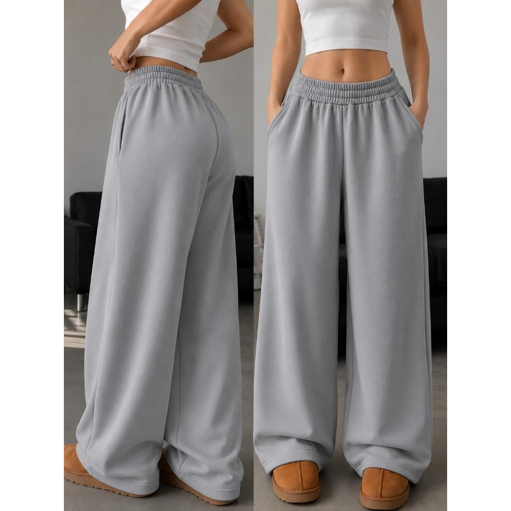Calça Moletom Feminina Wide Leg Pantalona com Elástico na Cintura Bolsos Laterais