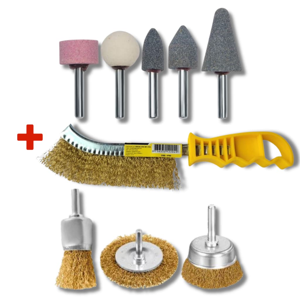 Kit Jogo Escova de Aço Circular 3 Pçs + Escova de Aco Latonado Manual + Kit Jogo Ponta Montada 5 Pçs