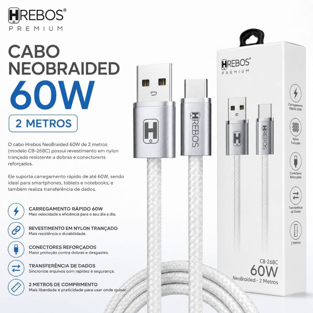 Cabo Carregador 2m 60W Profissional Reforçado Nylon Trançado Turbo Tipo C Hrebos