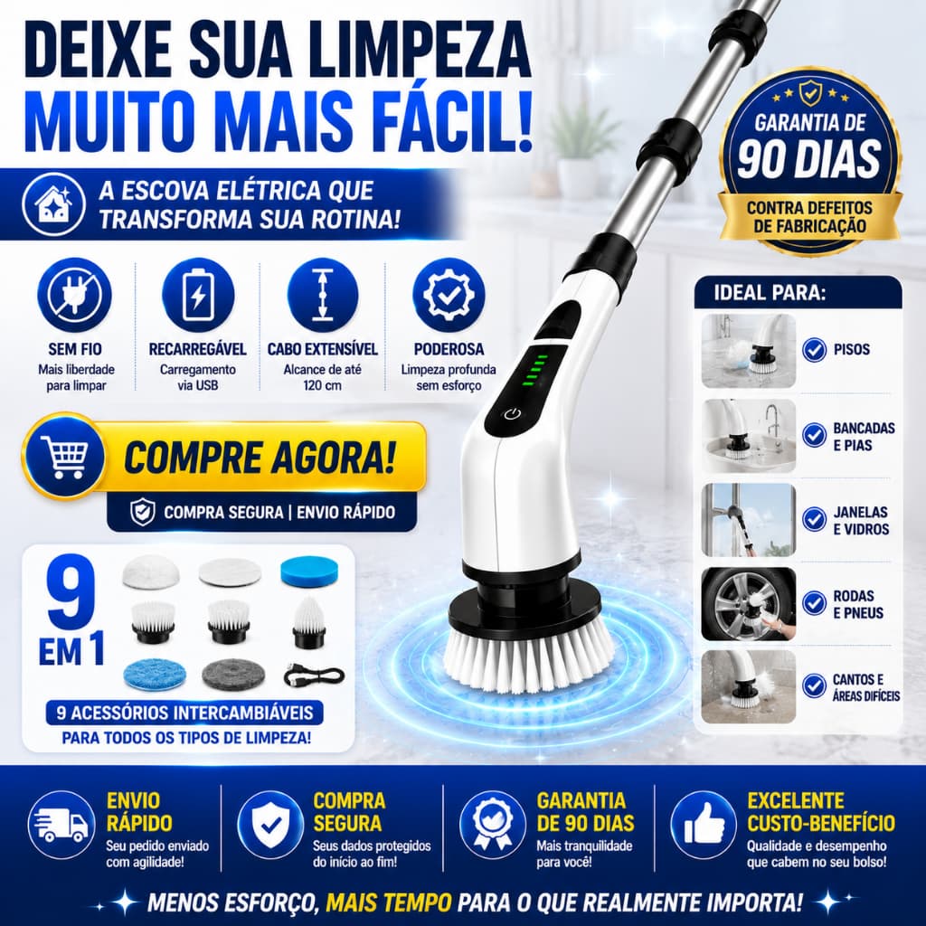 Escova de Limpeza Elétrica Rotativa 9 em 1 Sem Fio Cabo Extensível Esfregão Multiuso Recarregável