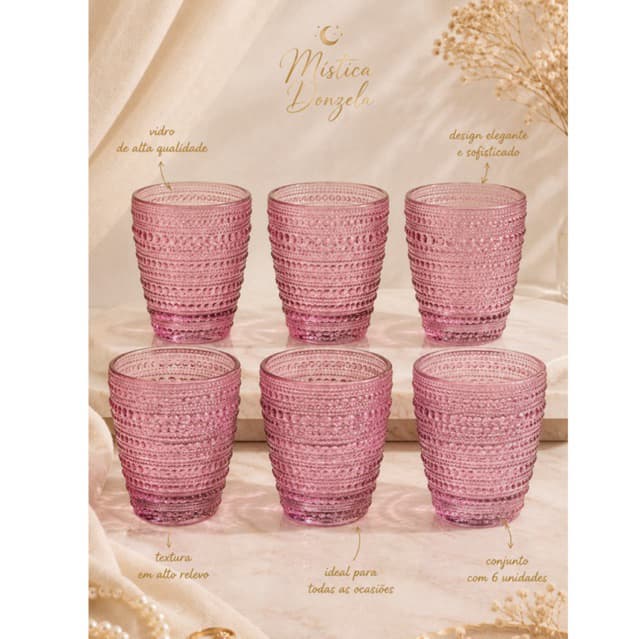Jogo 6 Copos de Vidro Pérola Luxo 300ml Água Suco 4 cores