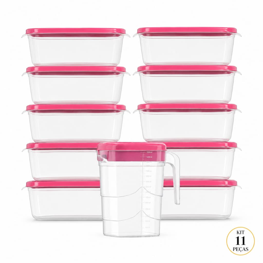 Kit 10 Potes Plástico Marmita Fitness + Jarra | BPA Free | Freezer e Micro-ondas