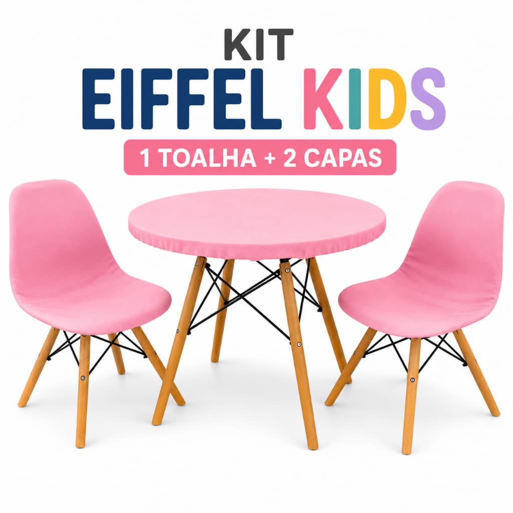 Kit Capa Cadeira Eiffel Infantil 2 Capas + Toalha Mesa Redonda 60cm Festa Decoração