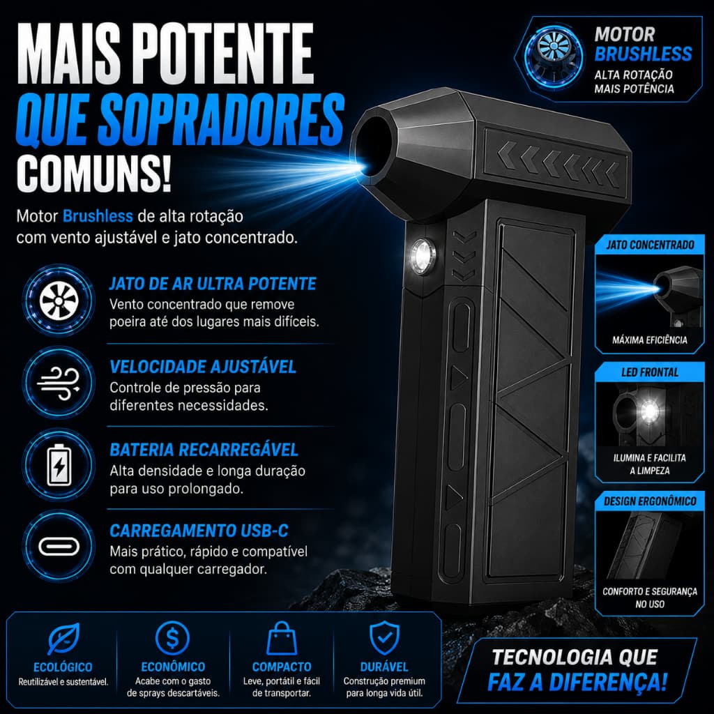 Mini Soprador Turbo Jet Fan Recarregável Brushless Air Duster Limpeza PC Teclado USB-C