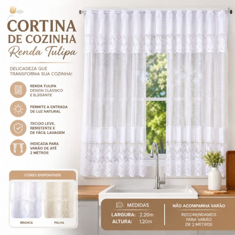 Cortina de Cozinha Renda Tulipa Branca Elegante Varão Fácil de Instalar Decoração Janela