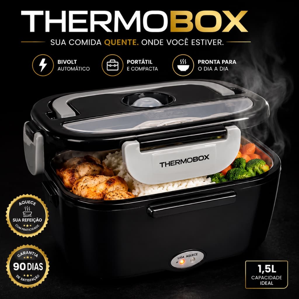Marmiteira Elétrica Bivolt Portátil Térmica 1,5L Porta Alimentos Aquece Refeições ThermoBox Preta