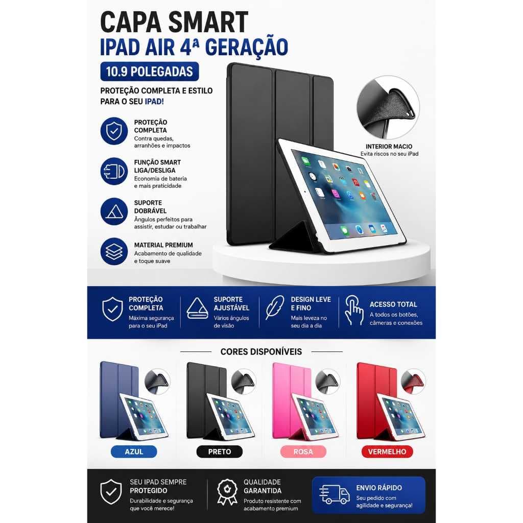 Capa iPad Air 4a Geração 10.9 Polegadas Smart Case Dobrável