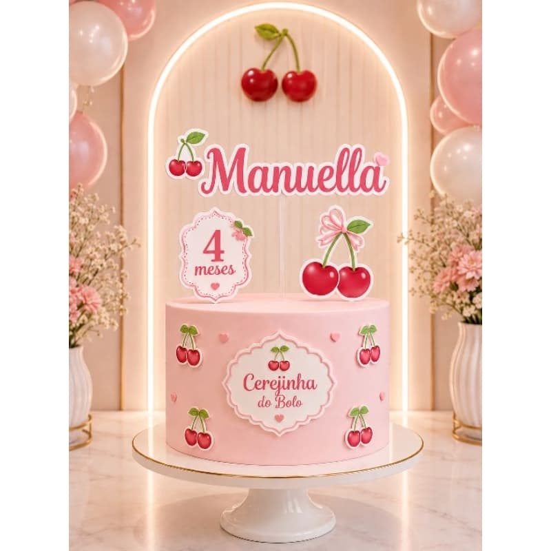 Topo de Bolo Cerejinha Personalizado com Nome e Idade/Meses | Topper Luxo Baby Menina