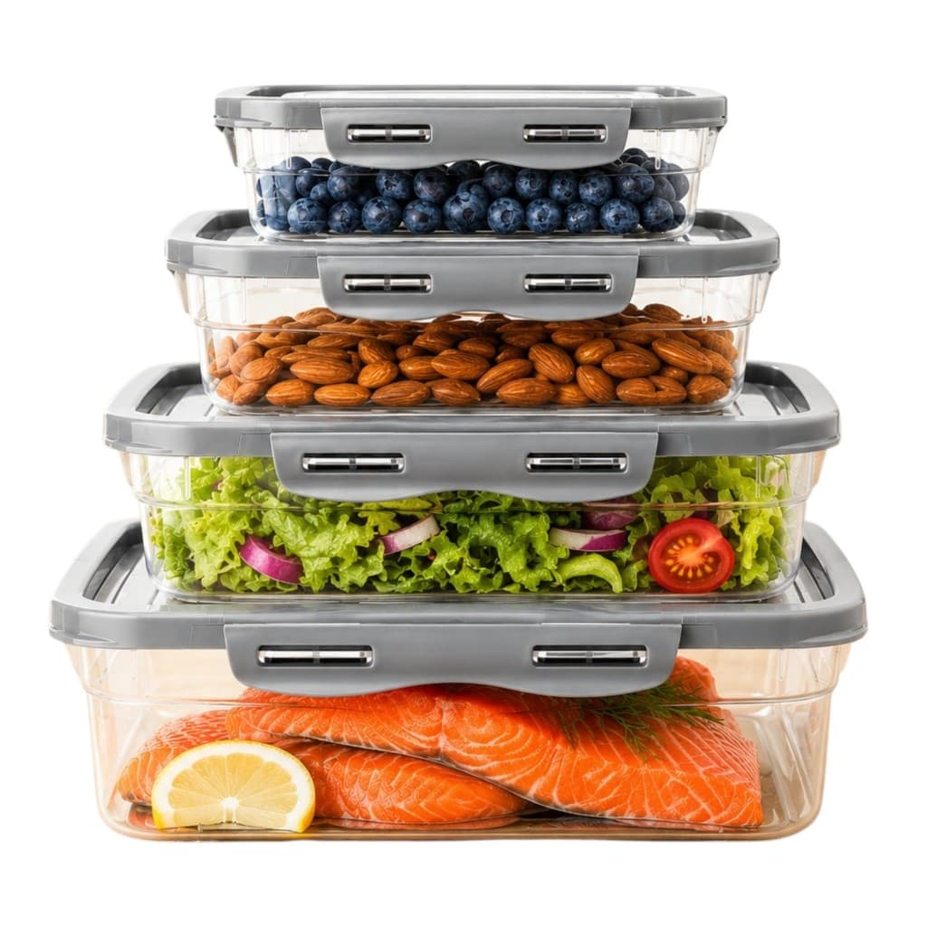 Kit 4 Potes Marmitas Fitness Tampa Trava 270ml, 460ml, 1,1L e 2,25L Cinza Freezer Microondas Giotto