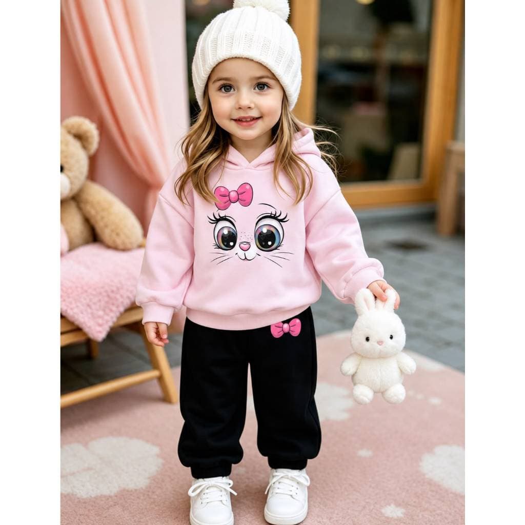 Moletom Infantil Flanelado Algodão Moletom com Capuz Estampa de Gato & Laço