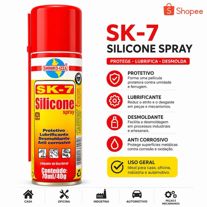SPRAY  SILICONE LUBRIFICANTE PROTETIVO DESMOLDANTE ANTI CORROSIVO USO GERAL 70 ML SHINIKO-IZZA