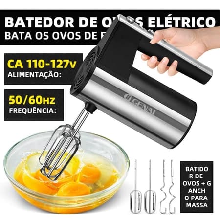 Batedeira Elétrica de Mão Profissional em Aço Inoxidável, Misturador Elétrico para Cozinha, Voltagem 110V