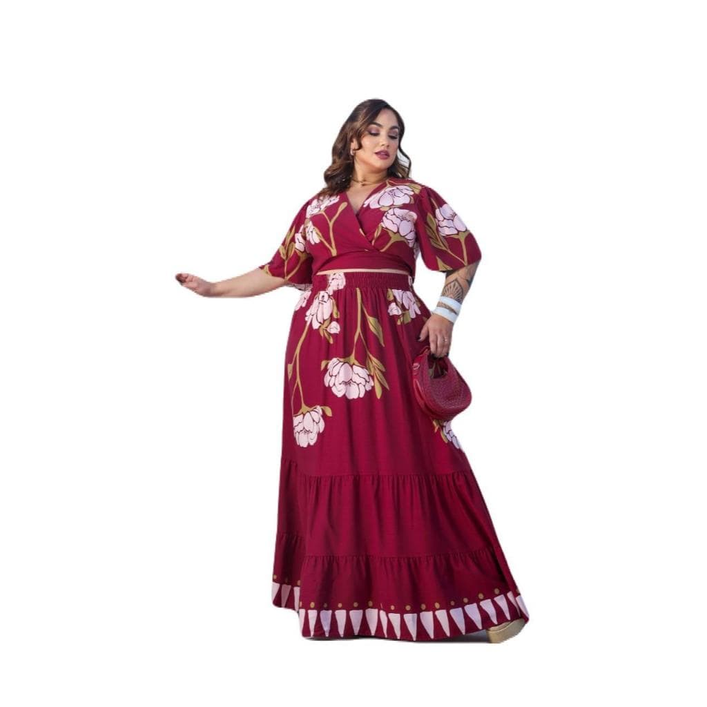 Conjunto Feminino Plus Size Cropped Transpassado + Saia Longa Estampada | Moda Evangélica Elegante