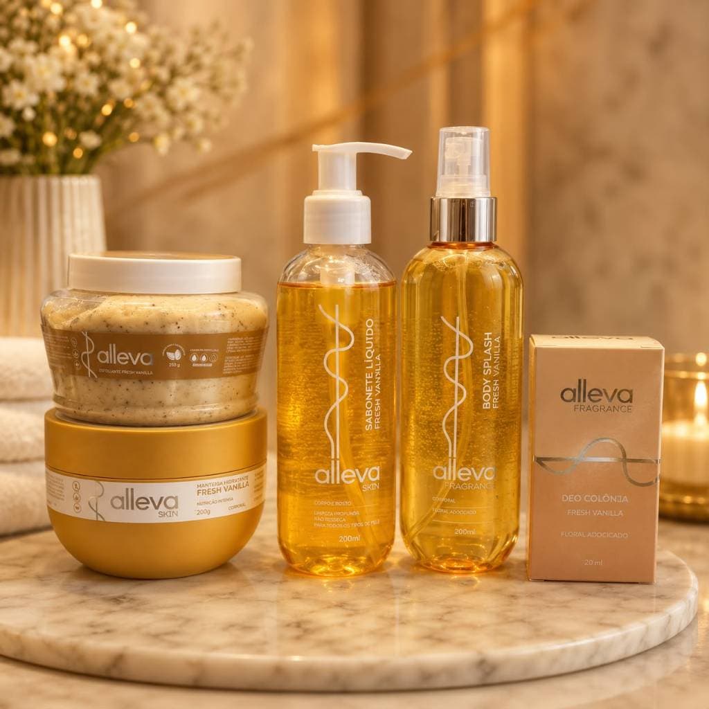 esfoliante +  colónia + manteiga + body splash + sabonete - Kit Banho Premium Alleva Vanilla 5itens