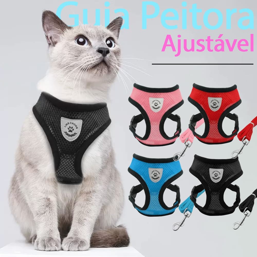 Guia Coleira de Malha Flexível com Colete Peitoral Ajustável para Cão Cachorro Gato Animais