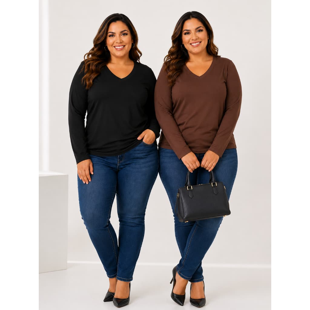 Kit 2 Blusas Plus Size Feminina Manga Longa Gola V Básica Viscolycra