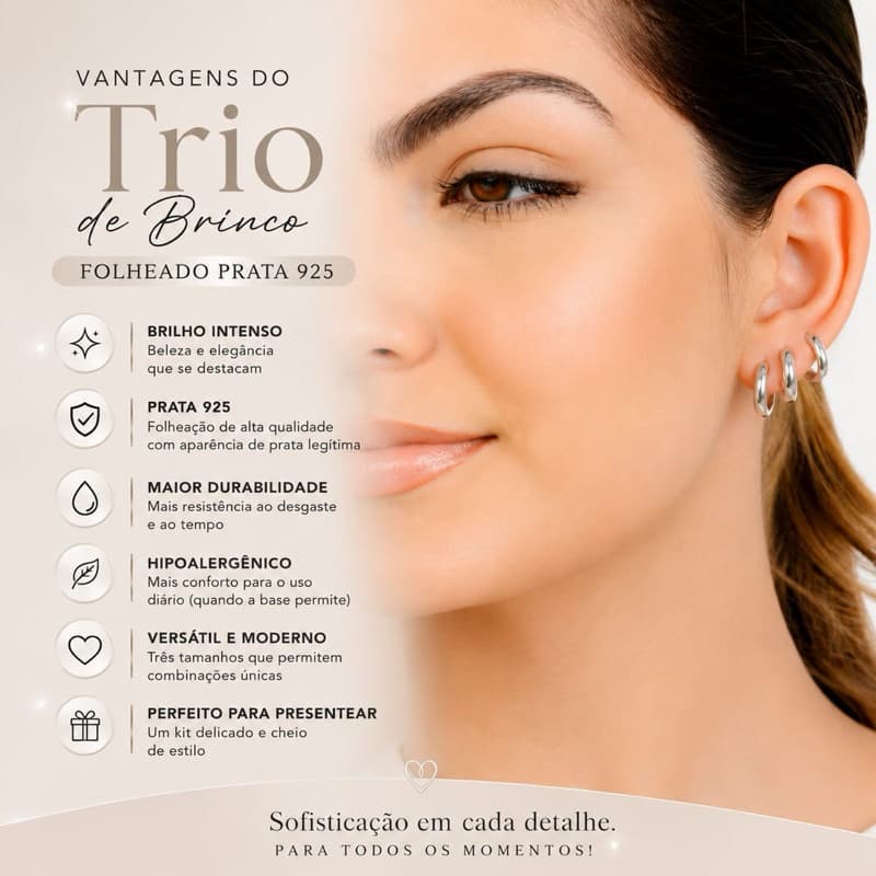Trio Argolas Femininas Prata 925 Folheadas Kit 3 Pares Lisa Clássica Elegante