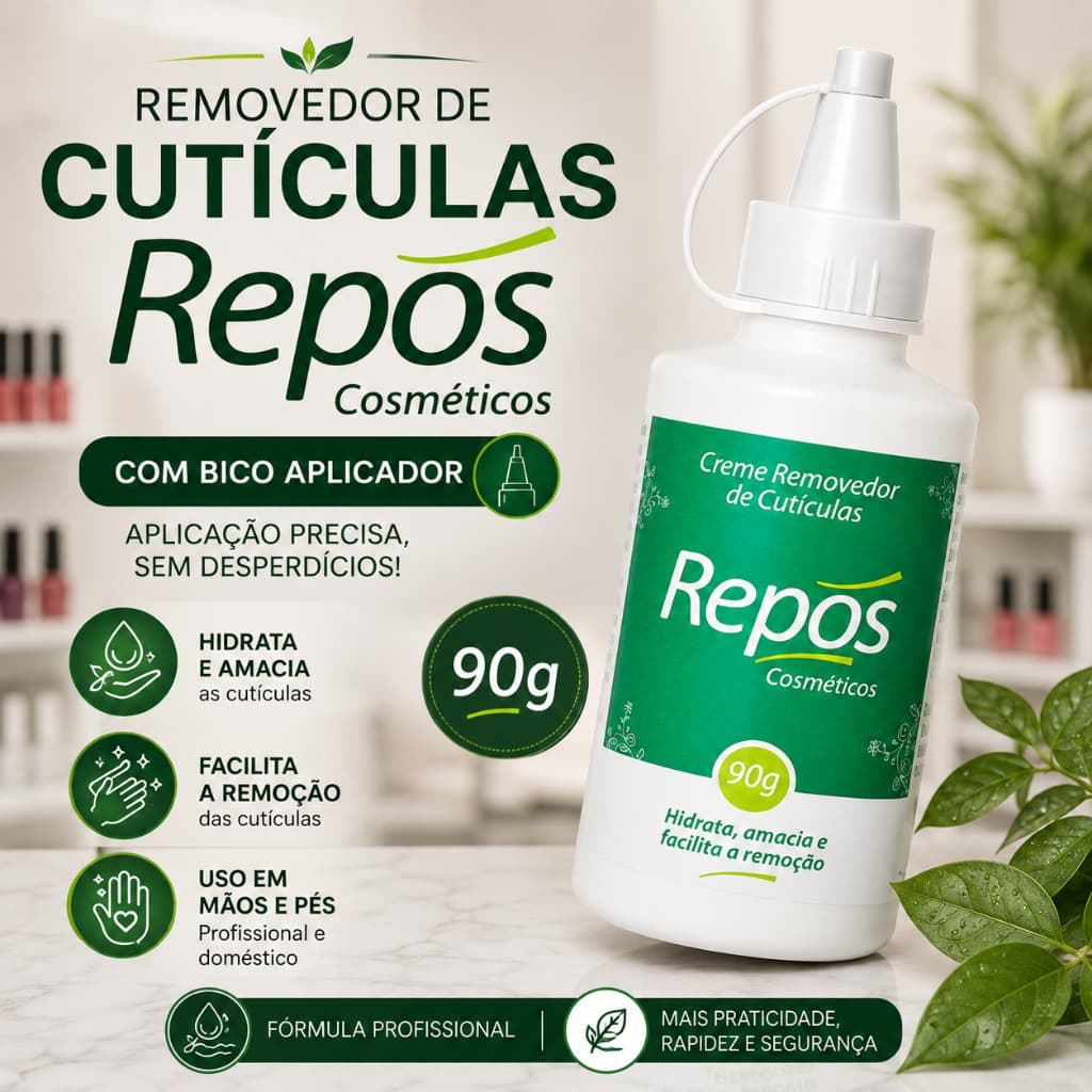 Removedor de Cutículas Repós 90g Creme Com Bico Aplicador Hidrata Amacia Facilita Remoção Mãos Pés e Unhas