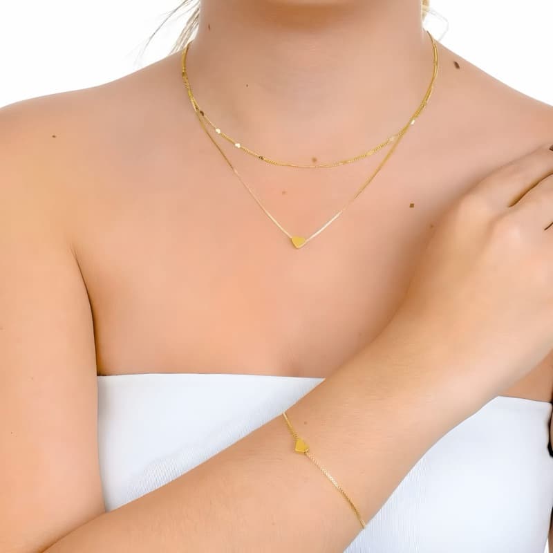 Conjunto Colar Choker e Pulseira Coração Semi Joia Banhada Ouro 18K Feminino