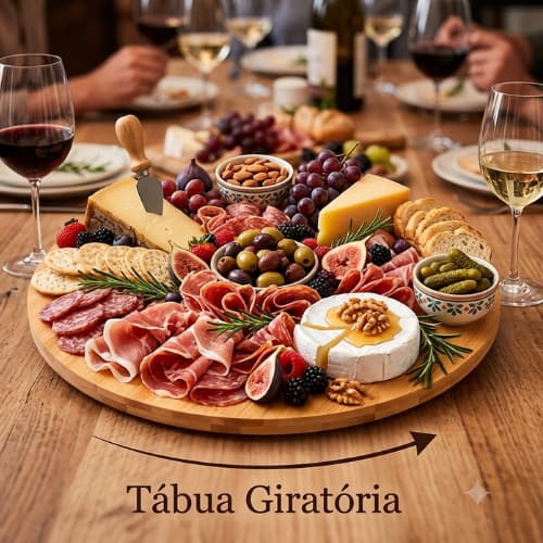 Petisqueira Giratória Bambu/Madeira 33cm Tábua Frios Bandeja Petiscos Mesa Posta Café da Manhã 360 Cozinha Decoração