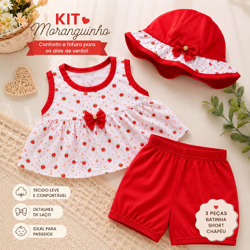 Conjunto Bebê Menina 0 á 3 Meses Batinha Short Chapéu Floral Vermelho Kit 3 Peças Verão Confortável