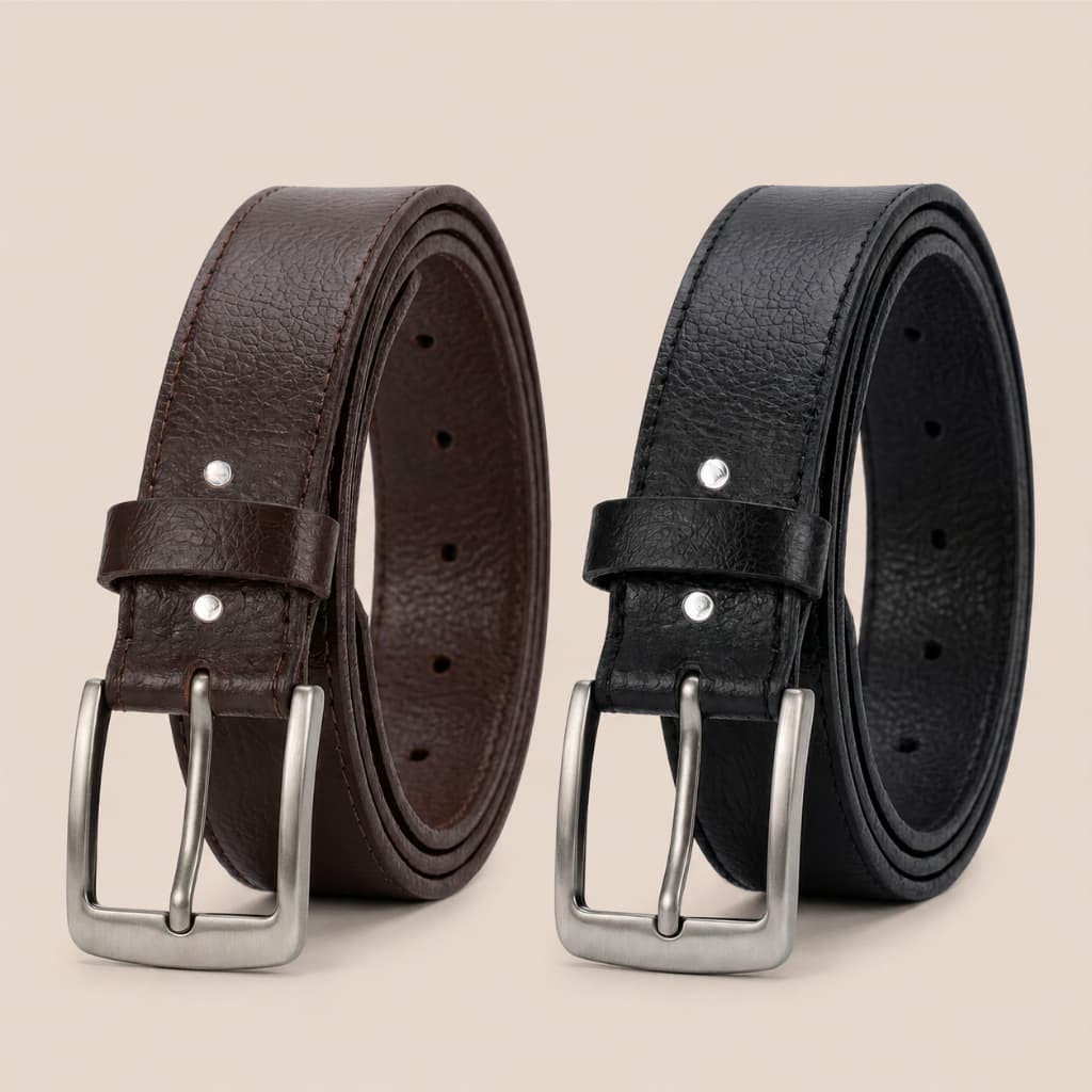 Kit 2/1 Cintos Masculinos Couro Sintético Social Casual Preto e Marrom Café Fivela Prata Ajustável