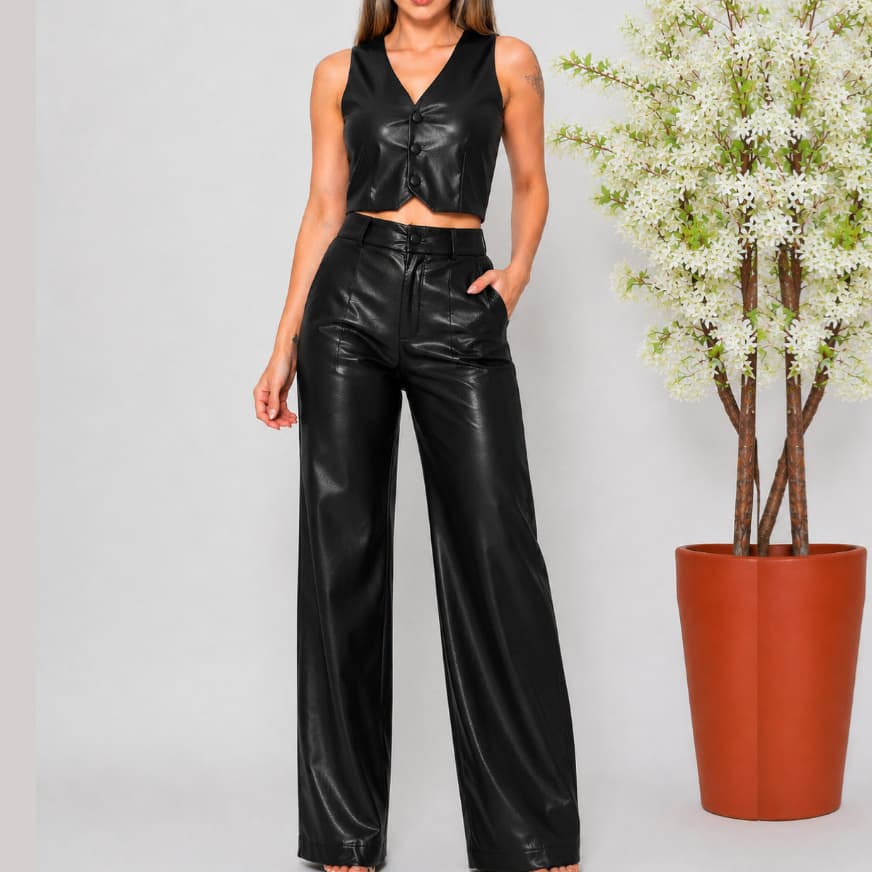 Conjunto Couro Fake Feminino Colete E Calça Pantalona Wide Leg Inverno