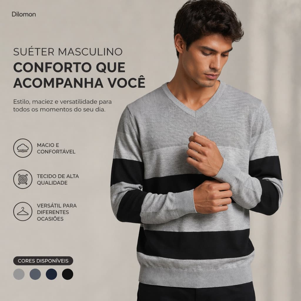 Dilomon Suéter Social Masculino Gola V - Malha Lisa Slim Fit - Versátil para Trabalho e Dia a Dia