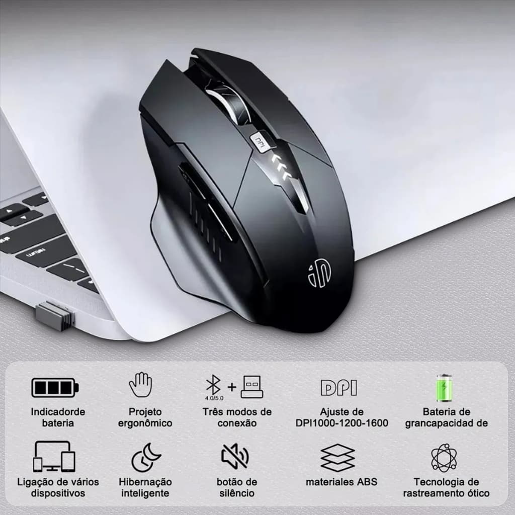 Preto Mouse 2.4G Bluetooth Design Ergonomico Clique Silencioso Compativel com Muitos Dispositivos Bateria Grande