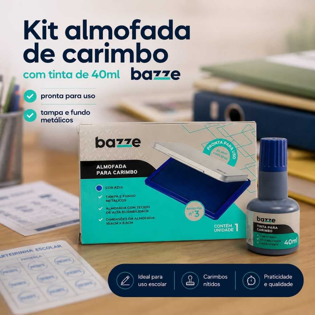 Kit Almofada Carimbo Nº3 Azul + Tinta Para Carimbo 40ml Bazze