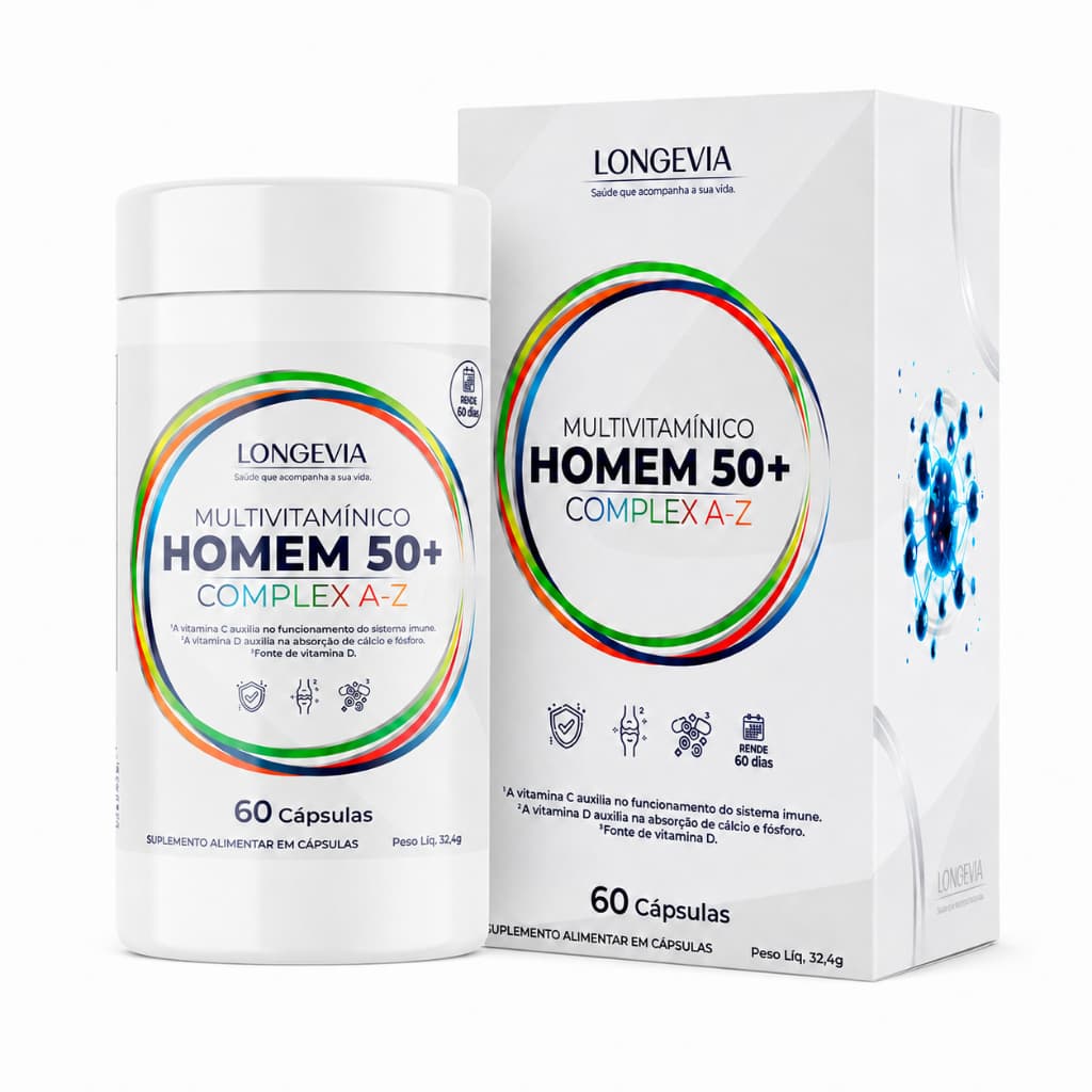 Multivitamínico 60 Cápsulas Vitmainas e Minerais Complex A-Z Homem 50+ Longevia