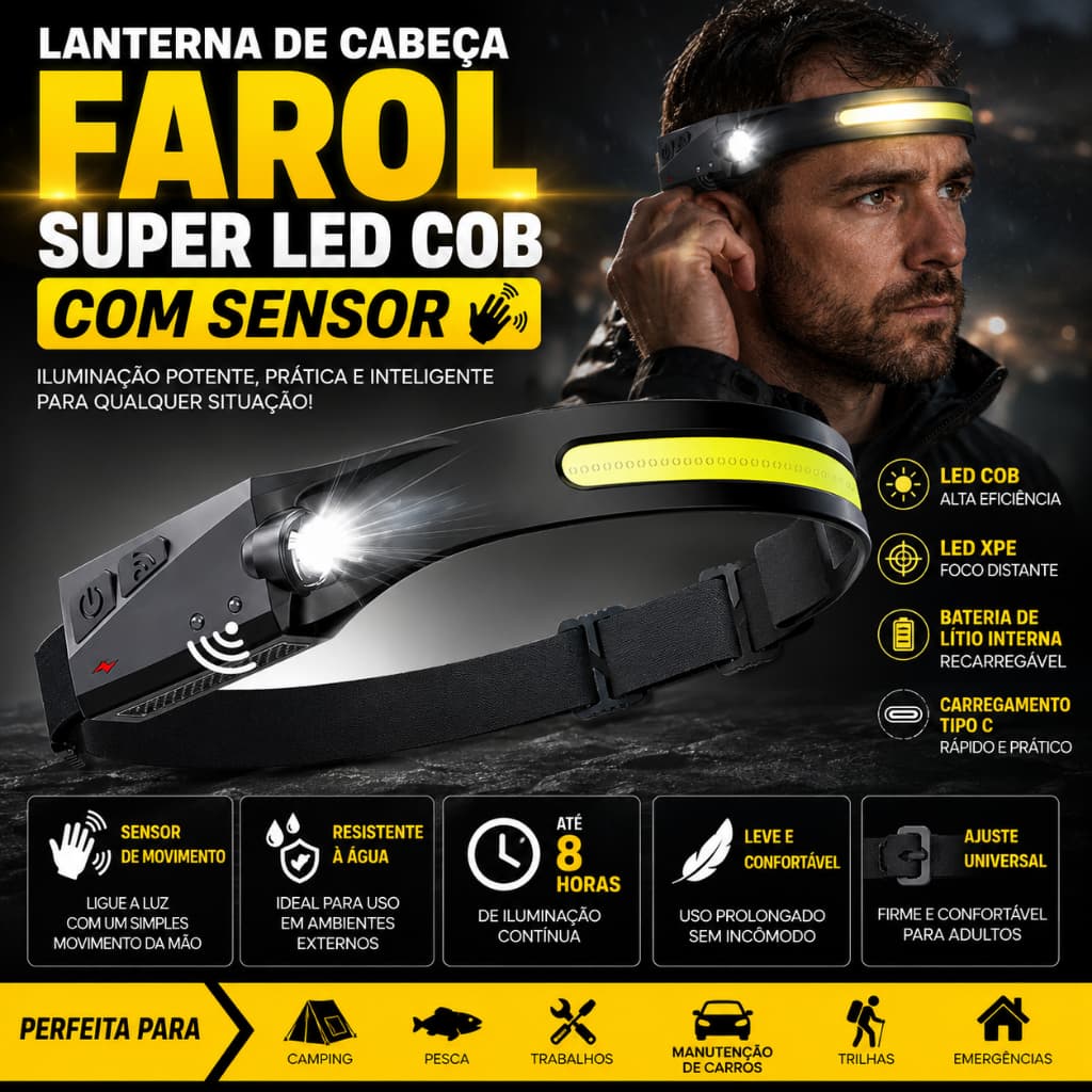 Lanterna de Cabeça Farol Super LED COB com Sensor