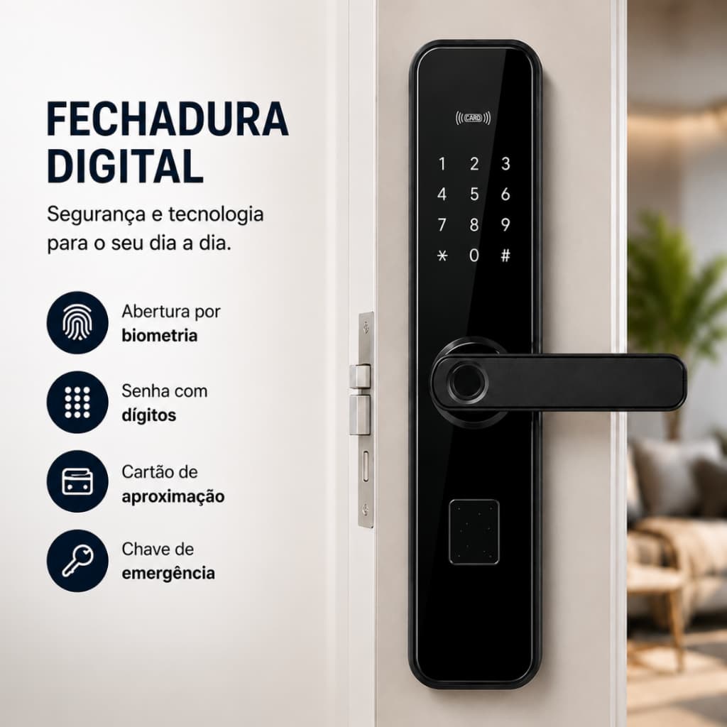 Fechadura Eletrônica Digital Biométrica para Porta com Senha, Cartão e Chave