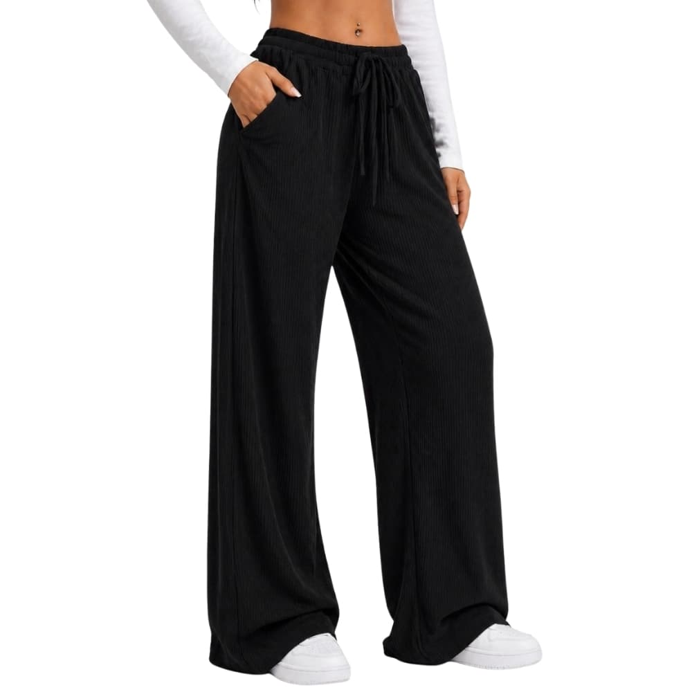 Calça Pantalona Canelada Feminina Cintura Alta com Cordão Confortável Casual do P ao G2 Plus Size