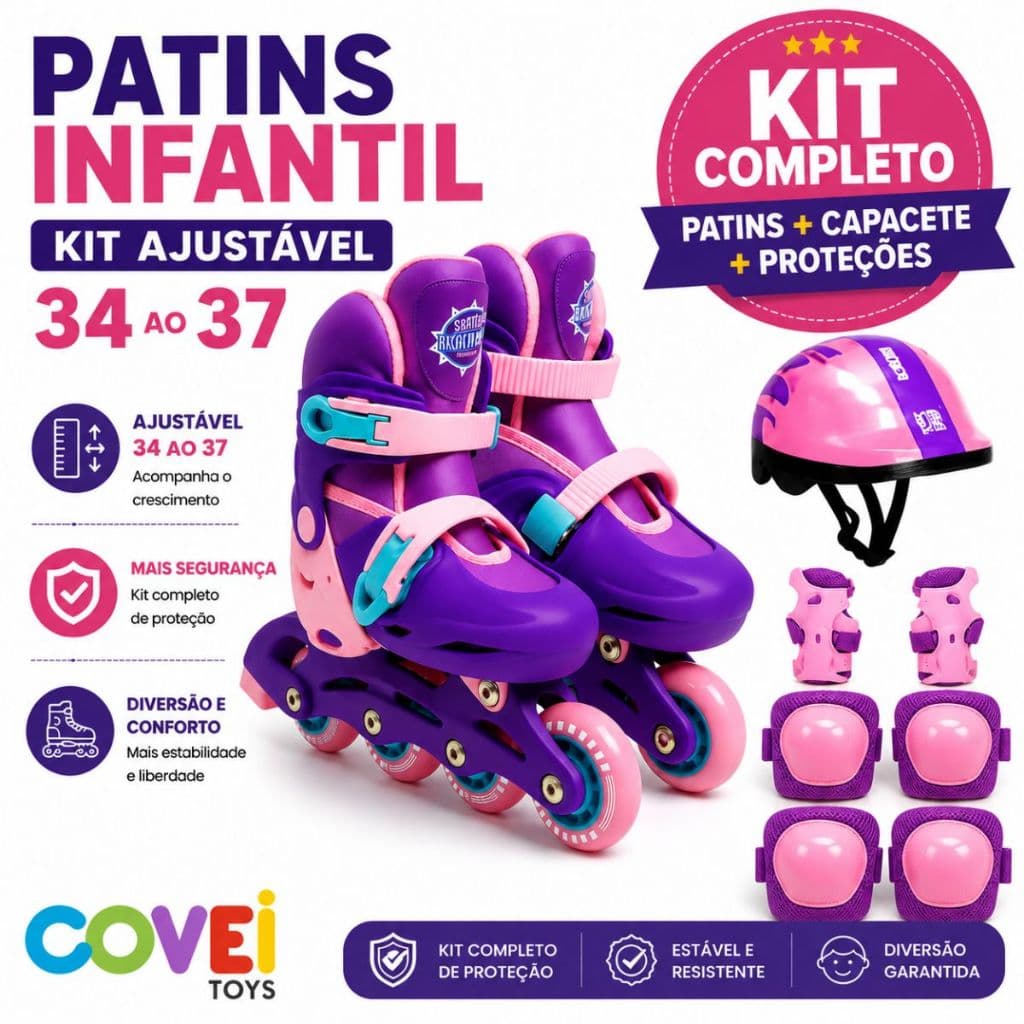 Patins Infantil Quad 4 Rodas Ajustável Roller Inline Menina Menino Com Kit Proteção  Cotoveleira Covei Toys