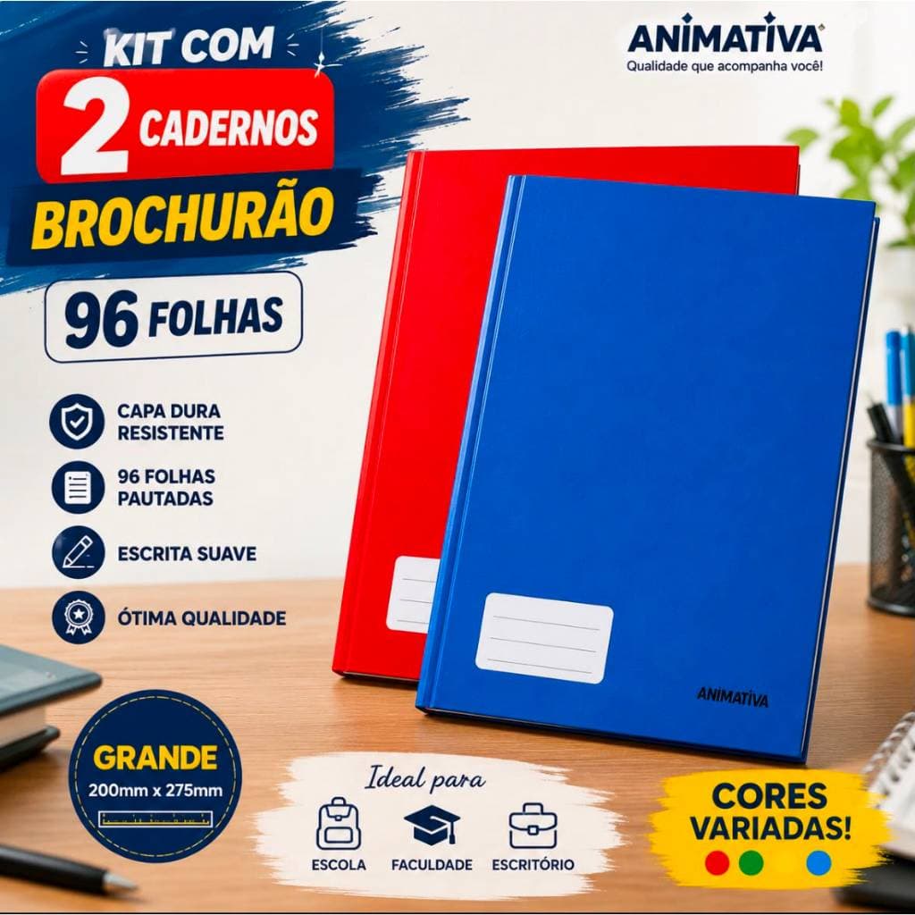 Kit Caderno Brochurão Animativa 96 Folhas Capa Dura Grande Escolar Escritório Universitário