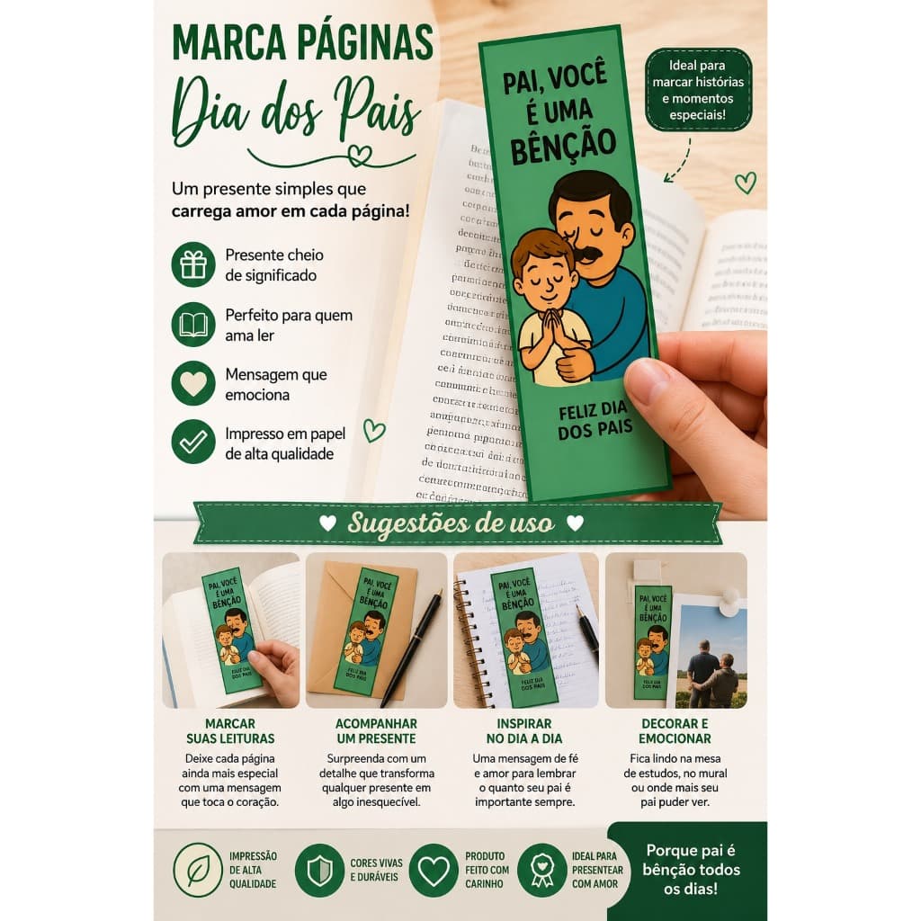 Kit Marca página plastificado Dia dos Pais – mimo para cliente, marcador de livros homem, pai, presente