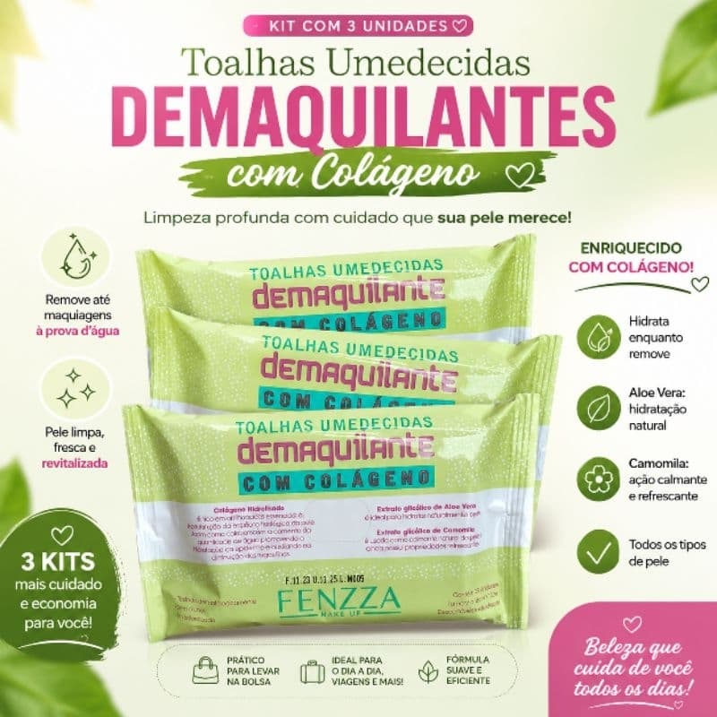 ✨ Lenço Demaquilantes com Colágeno Fenza Kit com 3 Toalhas Umedecidas – Limpeza, Hidratação e Praticidade ✨