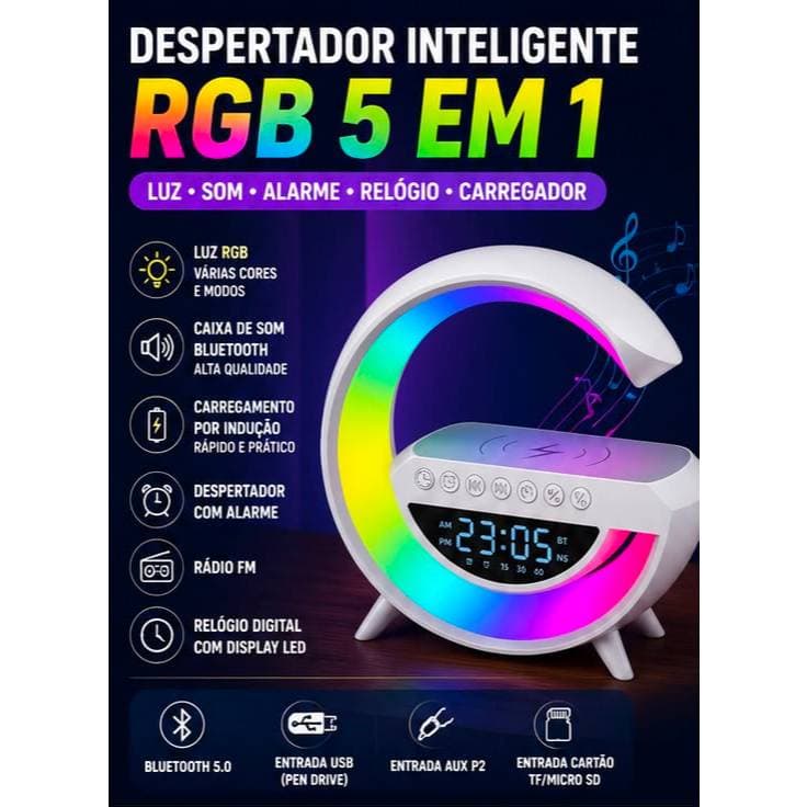 Caixa de Som Bluetooth RGB 5 em 1 com Carregador por indução, Relógio LED, Despertador e Luminária