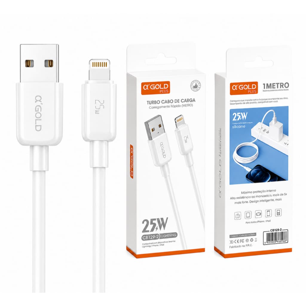 Cabo A Gold Turbo Lightning e Tipo C Carregamento Rápido Premium