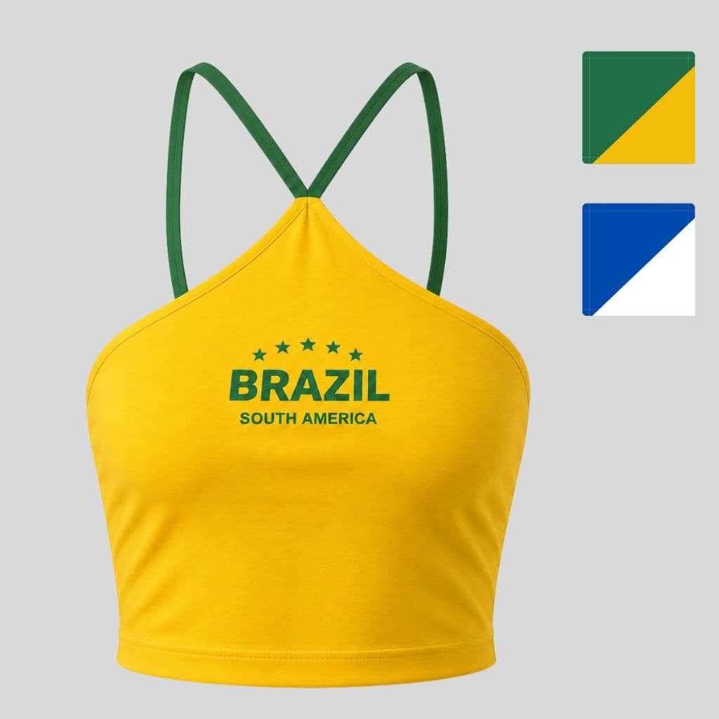 Blusa Cropped Brasil Feminino Copa 2026 Suplex Estampa Brasil Alça Fina - Decote Triangulo