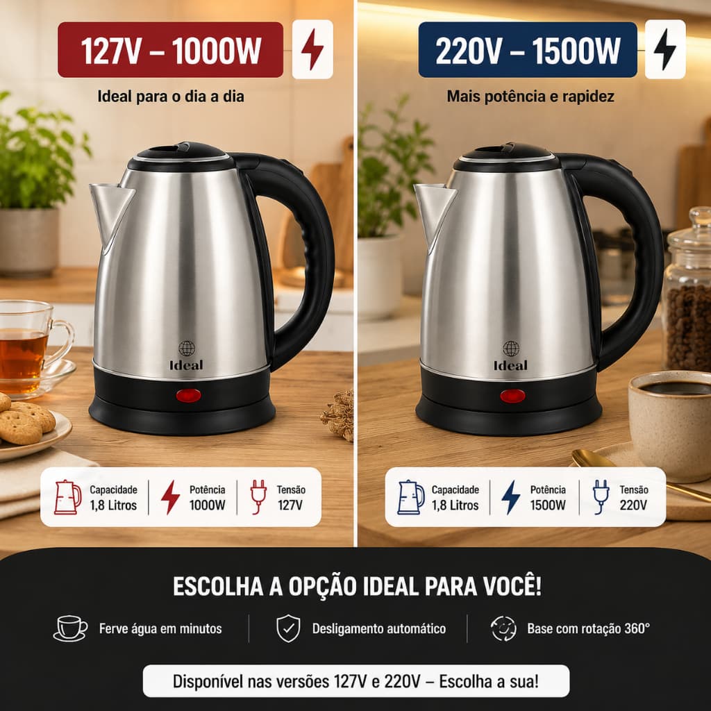Chaleira Elétrica Inox 1,8L – Disponível em 127V e 220V | Kit com 2 Unidades Disponível COM DESCONTO