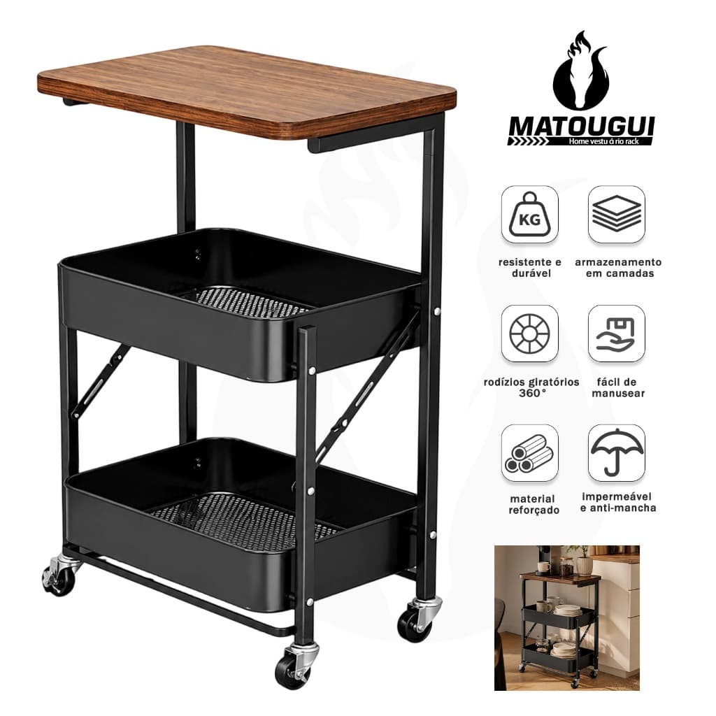 Organizador Dobrável Preto para Cozinha e Sala Ferro MDF Fácil de Guardar Com Rodas Giratórias