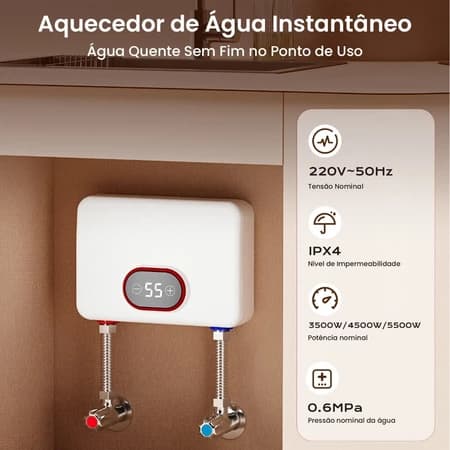 Aquecedor de Água Elétrico Instantâneo Compacto 220V Banheiro Cozinha Sem Reservatório Controle de Temperatura Digital