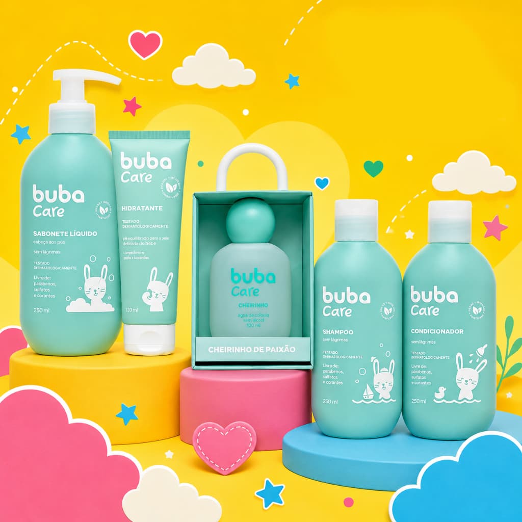 Kit Banho Completo Infantil Bebê Buba Care Suave Sem Lágrimas Shampoo Condicionador Sabonete Colônia Hidratante