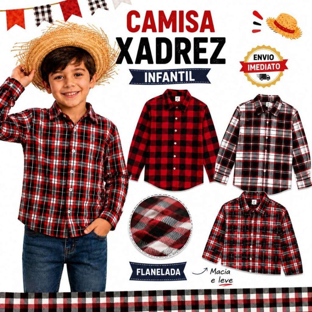 Camisa Xadrez Flanelada Manga Longa Luxo Fantasia Infantil Festa Junina Quadrilha 1 a 3 Anos Cores